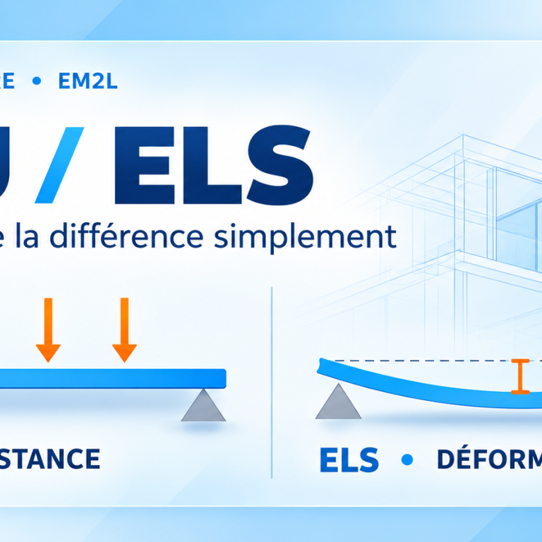 Illustration EM2L comparant l'ELU (résistance d'une poutre sous charges) et l'ELS (déformation et flèche d'une poutre)