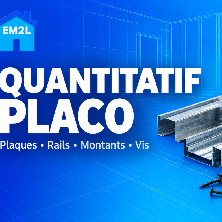 Plaques de plâtre, rails, montants et vis pour un quantitatif placo, avec le logo EM2L