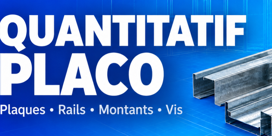 Plaques de plâtre, rails, montants et vis pour un quantitatif placo, avec le logo EM2L